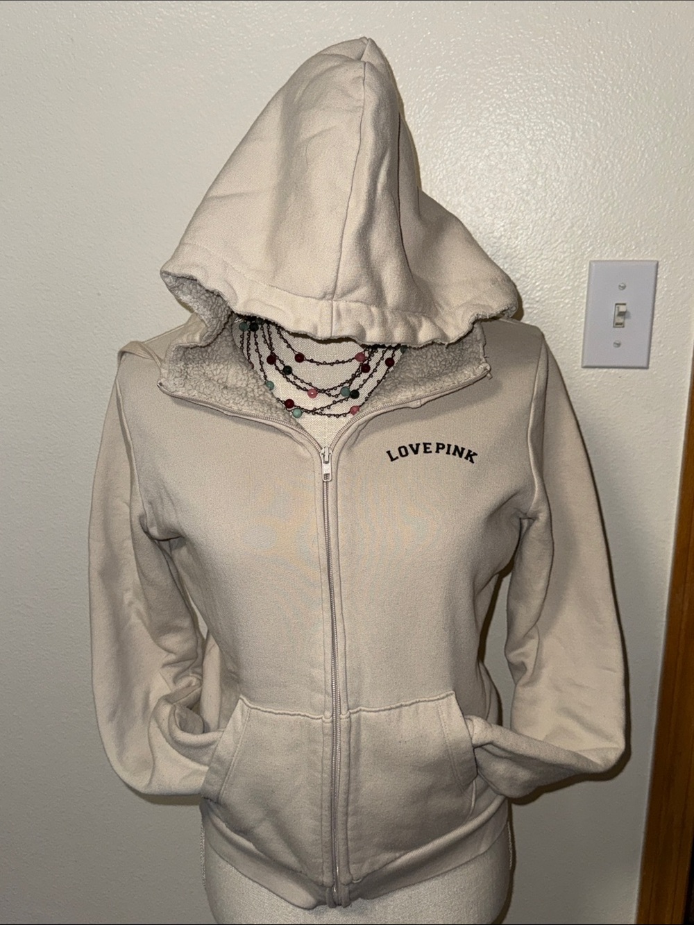 PINK Victoria's Secret Cream Sherpa-Lined Zip Hoodie size Small